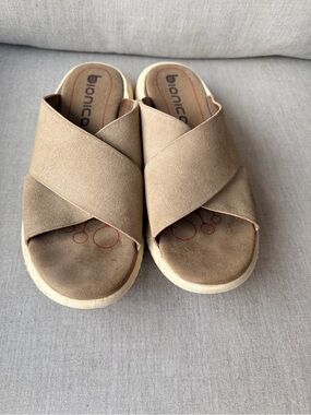 Bionica Taupe Crisscross Slip-On Sandals